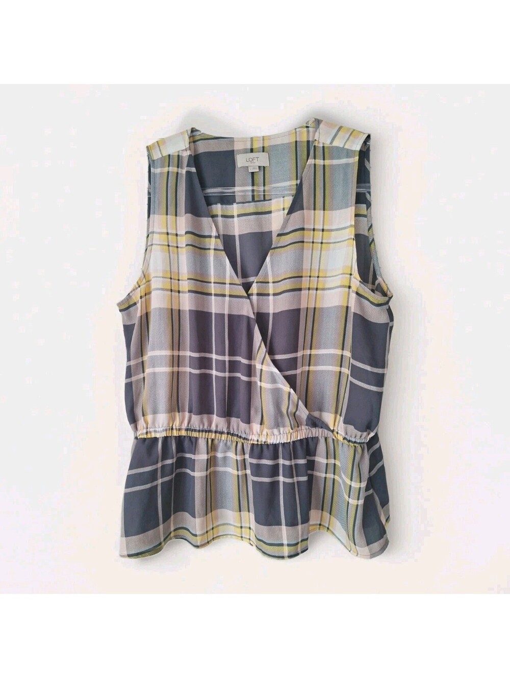 LOFT Sleeveless Blouse Soft Yellow/White/ Gray/Pink Plaid Women's L